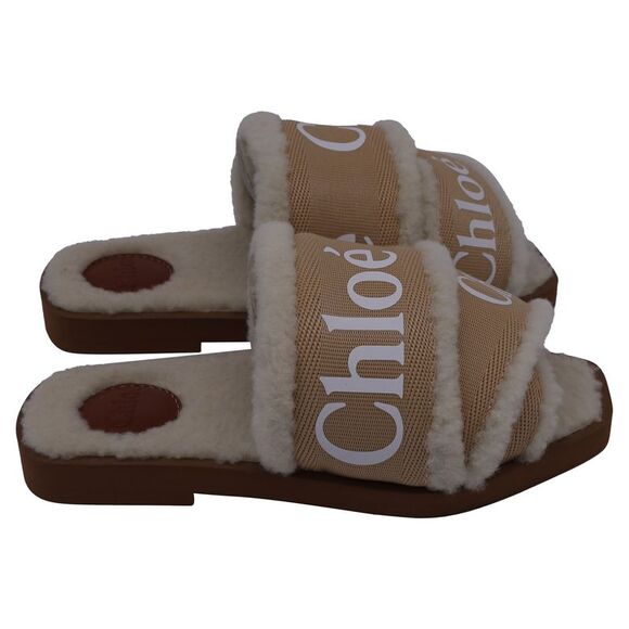 Chloé Shoes - Chloe Woody Shearling Flat Slides in Beige Canvas